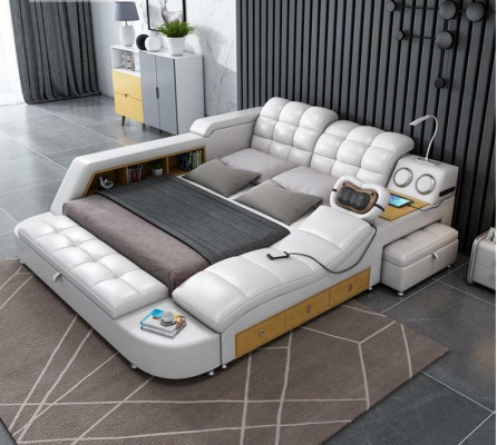 Bed Double Shelves Leather Upholstered Beds Multifunction with Massage Function New