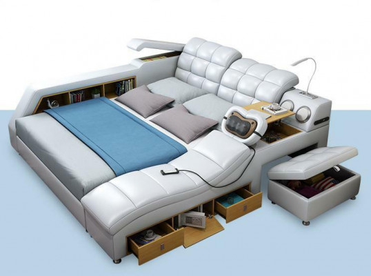 Bed Double Shelves Leather Upholstered Beds Multifunction with Massage Function New