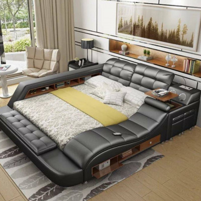 Bed Double Shelves Leather Upholstered Beds Multifunction with New Massage Function