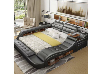 Bed Double Shelves Leather Upholstered Beds Multifunction with New Massage Function