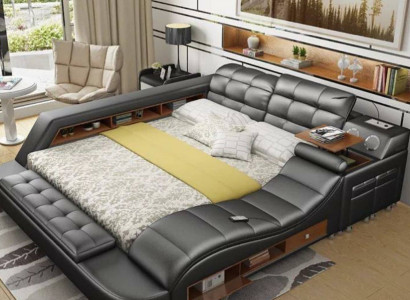 Bed Double Shelves Leather Upholstered Beds Multifunction with New Massage Function