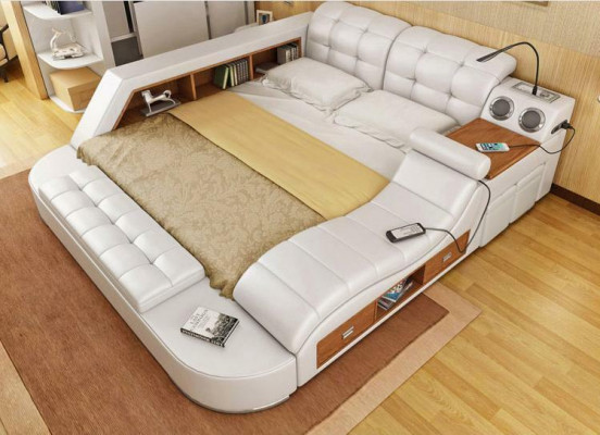 Bed Double Shelves Leather Upholstered Beds Multifunction with New Massage Function