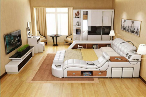 Bed Double Shelves Leather Upholstered Beds Multifunction with New Massage Function