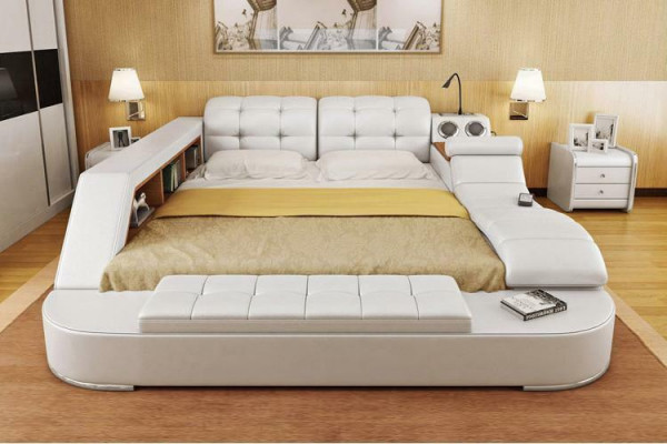 Bed Double Shelves Leather Upholstered Beds Multifunction with New Massage Function