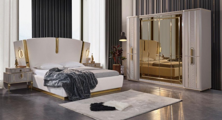 Double bed set Bedroom bed bedside tables 4 pcs Beige wardrobe