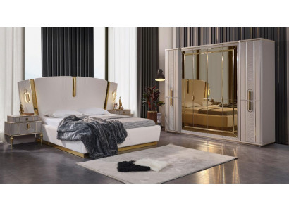 Double bed set Bedroom bed bedside tables 4 pcs Beige wardrobe