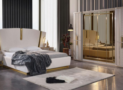 Double bed set Bedroom bed bedside tables 4 pcs Beige wardrobe