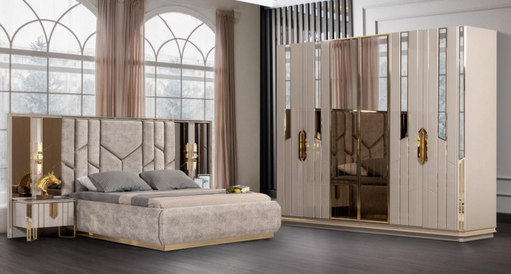 Bedroom set double bed bed nightstands beige 4-piece wardrobe