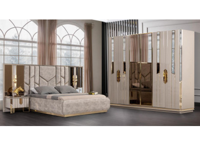 Bedroom set double bed bed nightstands beige 4-piece wardrobe