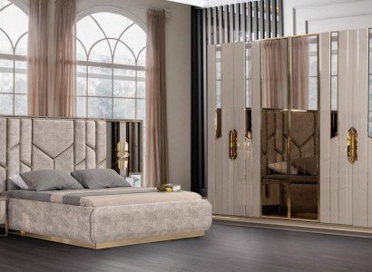 Bedroom set double bed bed nightstands beige 4-piece wardrobe