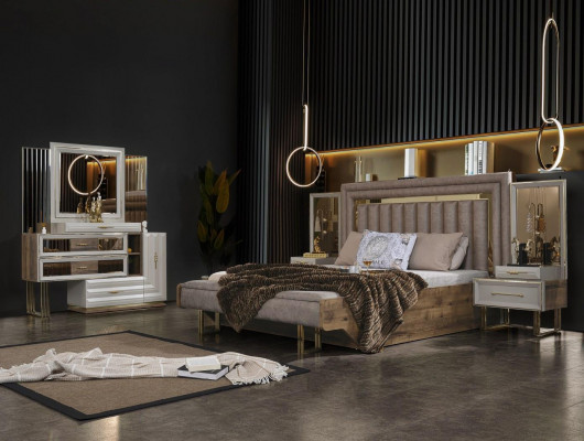Bedroom furniture, double bed, bed, nightstands, console, beige, 4-piece luxury.