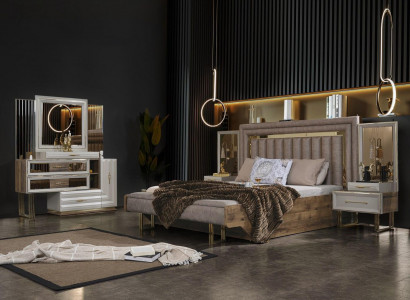 Bedroom furniture, double bed, bed, nightstands, console, beige, 4-piece luxury.