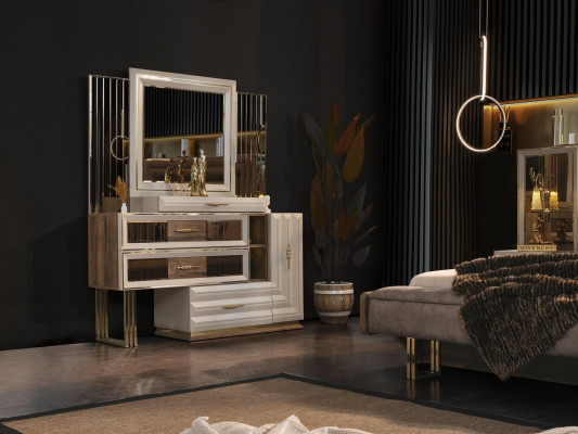 Vanity table, dressing table, makeup console, console table, beige, girl.