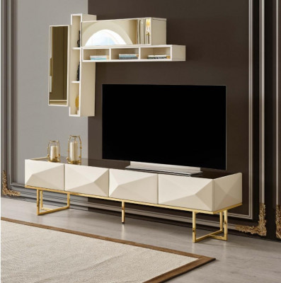 Sideboard RTV Lowboard Living Room Wall TV Stand Cupboard Wood Beige Shelves