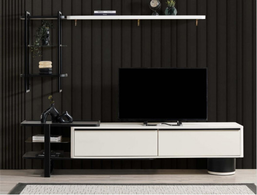 Living room RTV sideboard TV stand cabinet wood white shelves wall unit