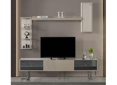 Wall unit RTV lowboard TV stand cabinet wood gray shelves living room