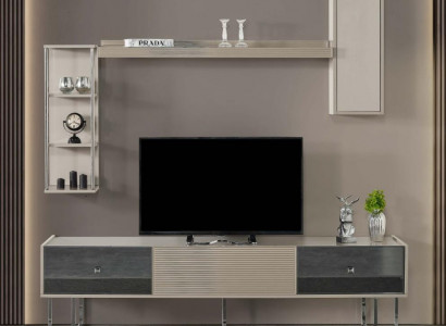 Wall unit RTV lowboard TV stand cabinet wood gray shelves living room