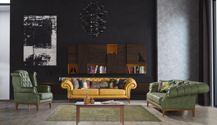 Green-Yellow Upholstered Suite Designer Three-Seater Luxury Armchair 3+3+1 Set