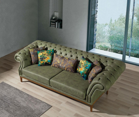 Green-Yellow Upholstered Suite Designer Three-Seater Luxury Armchair 3+3+1 Set