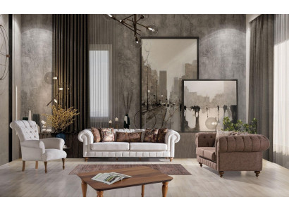 White-Brown Chesterfield Seating Group Designer Sofas Luxury Set 3+2+1