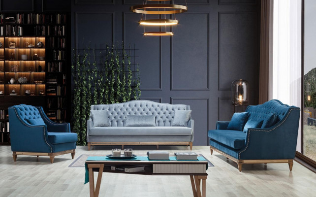 Modern blue Chesterfield sofa set designer three-seater luxury armchair