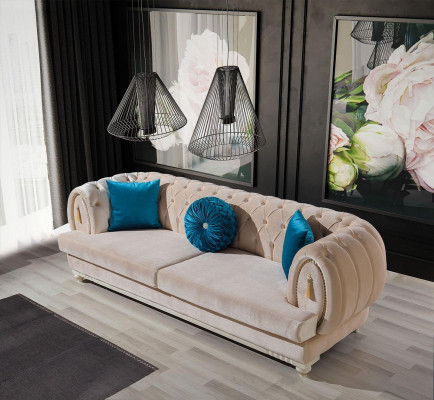 Beige Chesterfield Upholstered Couch Designer Three-Seater Fabric Sofa 3-seater