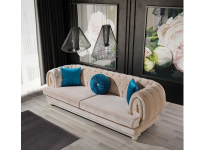 Beige Chesterfield Upholstered Couch Designer Three-Seater Fabric Sofa 3-seater