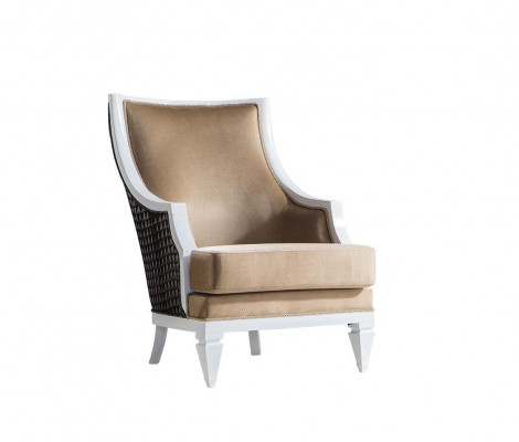Light beige armchair with armrests, single-seater, wooden frame, wooden reclining chair.