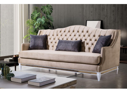 Beige Chesterfield three-seater luxury textile sofa designer fabric couches