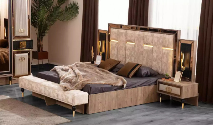 Bedroom bed double bed beige fabric nightstands set 3-piece bed new