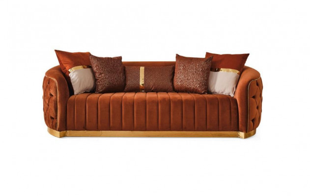 Orange textile three-seater modern designer luxury couch sofa velvet Chesterfield