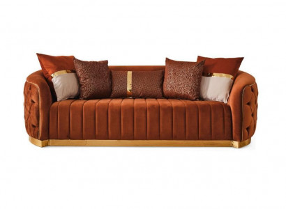 Orange textile three-seater modern designer luxury couch sofa velvet Chesterfield