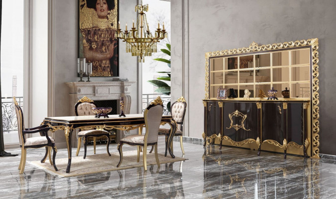 Luxury dining set dining room dining table chairs wood 10-piece brown sideboard