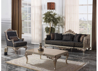 Upholstered sofa set, three-seater sofa, armchair, fabric sofa, gray, 3-piece table.