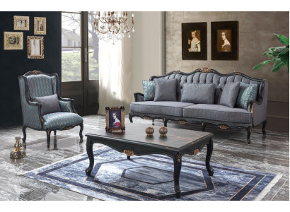 Chesterfield sofa set three-seater armchair fabric coffee table blue new