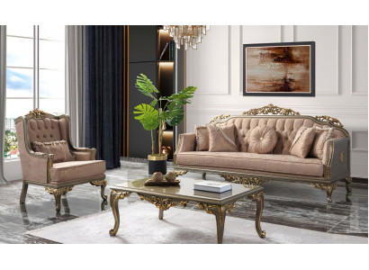 Chesterfield Sofa Set Three-Seater Armchair Fabric Coffee Table Beige New