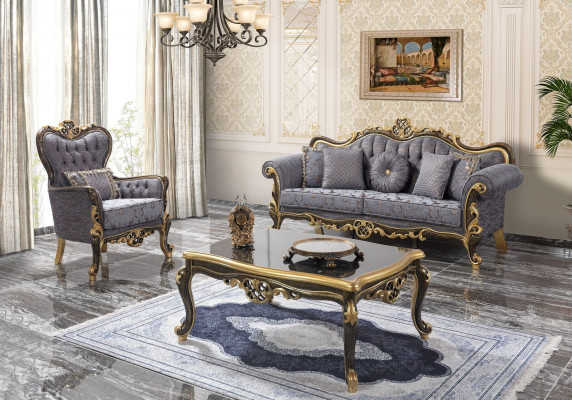 Chesterfield Sofa Set Upholstered Sofa Blue Three-Seater Chair Set