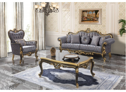 Chesterfield Sofa Set Upholstered Sofa Blue Three-Seater Chair Set