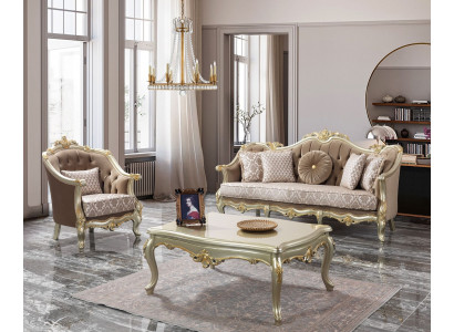 Fabric sofa, upholstered sofa, suite, sofa suite, beige Chesterfield set.