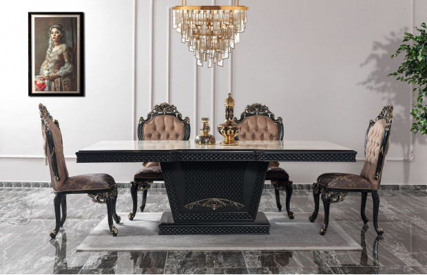 Dining corner, dining group, dining room, dining table, chairs, wood set, 9-piece, gray, baroque
