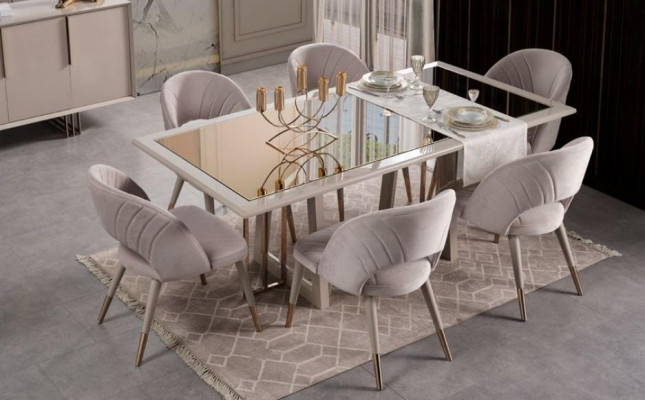 Luxury Dining Area Dining Set Dining Room Dining Table Chairs Beige Wood Set 8-piece