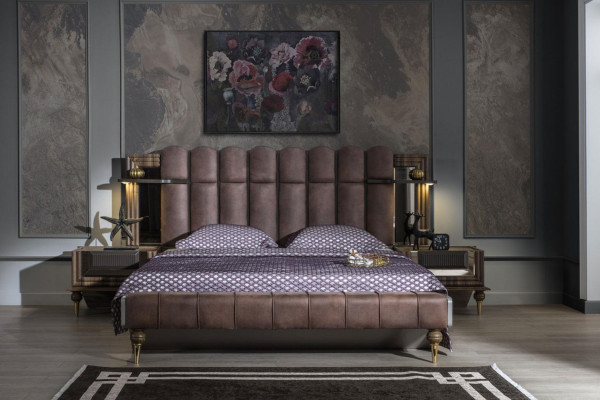 Bedroom Set Luxury Double Bed Wood Brown Fabric Bed Set 4-piece