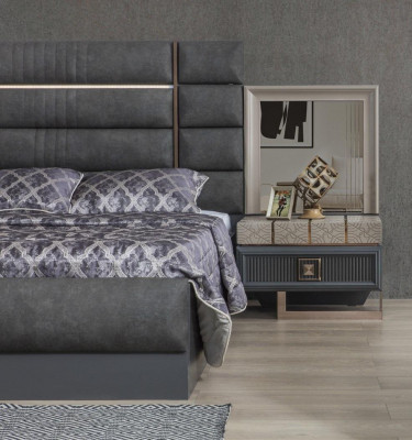 Bedroom Double Bed Gray Set 4-piece Modern Bed Nightstands