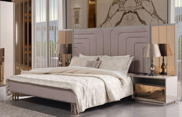 Set of 3: Beige Wood Modern Luxury Bedroom Set with Double Bed