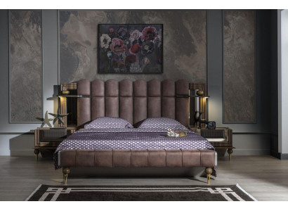 Complete bedroom furniture double bed brown fabric bed set 3-piece nightstands