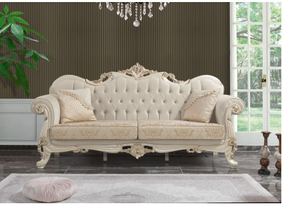 Three-seater sofa, 3-seat fabric sofa, upholstered sofa, beige fabric Chesterfield.