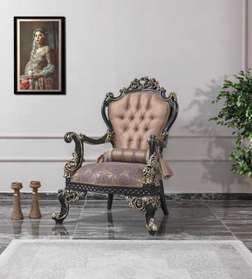 Armchair Beige Wing Chair Baroque Seat Fabric Polyester Living Room