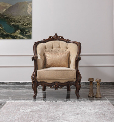 Armchair wing chair seat fabric beige polyester wood living room baroque