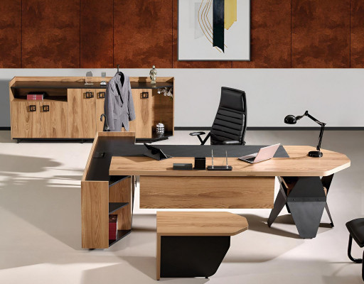 Office desk office table set 4-piece wood brown sideboard large