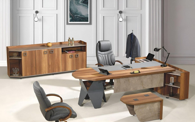 Complete office desk set 4-piece wood brown large chest of drawers